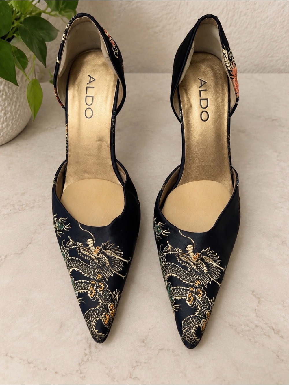 ALDO Black & Gold Embroidered Dragon Pointed-Toe Heels